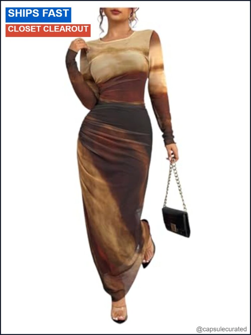 Women Long Sleeve Bodycon Ruched Mesh Maxi Dress Cocktail Party